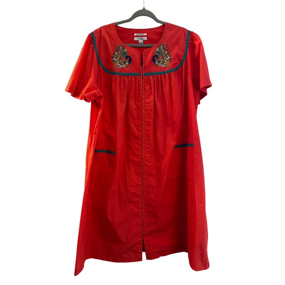 Go Softly Patio Peacock Bejeweled Embroidered Zip House Dress Coral  XL No Iron